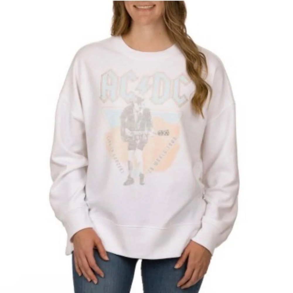 NWT AC/DC Licensed Women's Rock Band Fleece Sweatshirt White 79 World Tour XXL